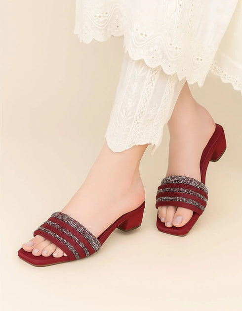 Rouzelle Maroon Block Heels with Glitter Triple Straps – Essence by Rubina